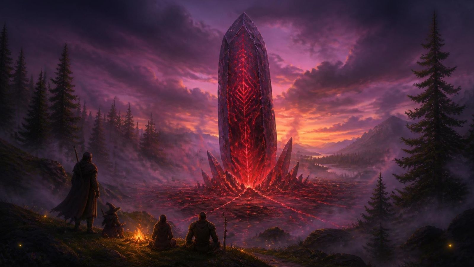 A glowing Metin stone at dusk, with travellers resting by a campfire